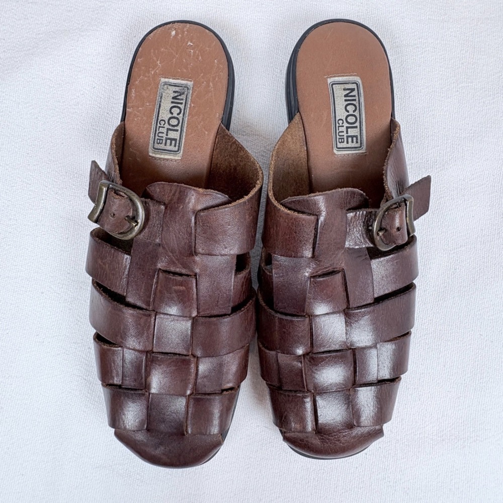 Nicole Club Vtg Brown Leather Woven Fisherman Slide Sandals Women Brazil 8M 90s